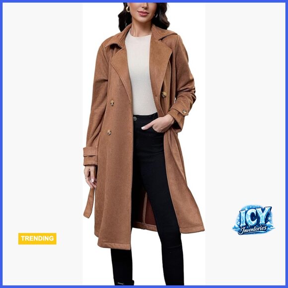Faux Suede Trench Coat Belted Midi Overcoat Fall Winter Office Outerwear